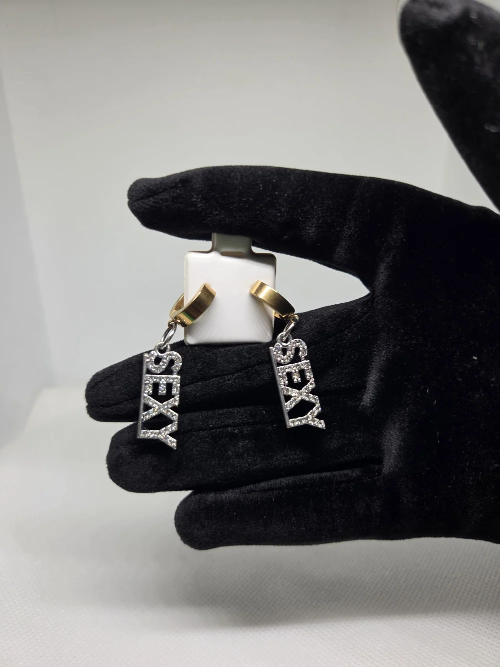 Gold Hoop Earrings with 'SEXY' Crystal Pendant - Gold
